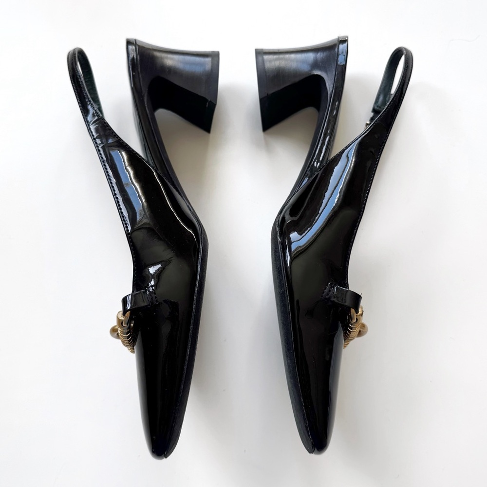 Tory Burch Jessa 55mm Slingback Heels Patent Leather Block Heel Gold Rams Chain - Picture 4 of 11